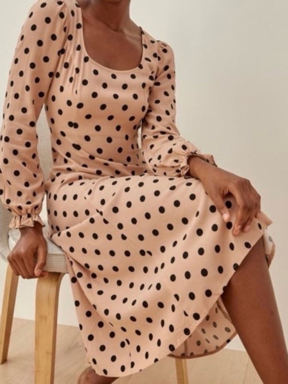 Reformation Pink Polka Dot Long Sleeve Midi Dress